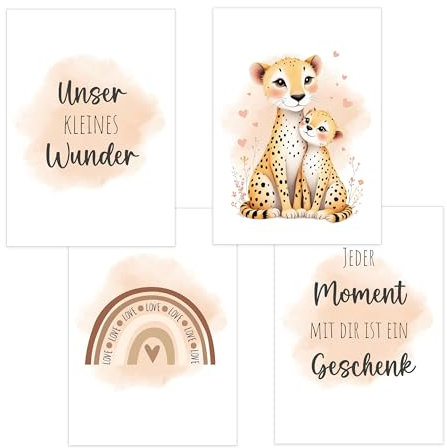 4er Set Baby DIN A4 Bilder mit Gepard, Regenbogen und Sprüchen, Poster mit Tiermotiv für Babyzimmer, 200g/m² Papier, Kinderzimmer Wanddeko, für Bilderrahmen, Dekoration für Jungen & Mädchen, Sand