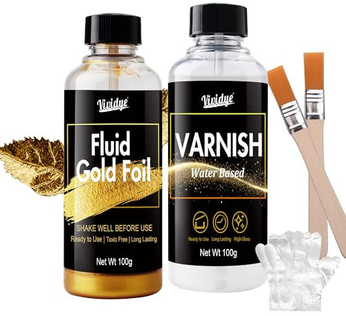 Acrylic Paint Metallic, 200ml Liquid Gold Leaf Paint Kit for Metal, Wood, Fabric, Art Painting, Furniture Repair & Crafts, Water-Based Metallic Gold Paint and Gloss Varnish, Non Fading, Fast Dry