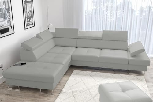 Ecksofa Galaxy 225x280 cm aus Echtleder – Ledersofa mit Schlaffunktion und Bettkasten, verstellbare Kopfstützen und Armlehnen, Eckcouch rechts oder Links wählbar – modernes Design (Hellgrau, Links)