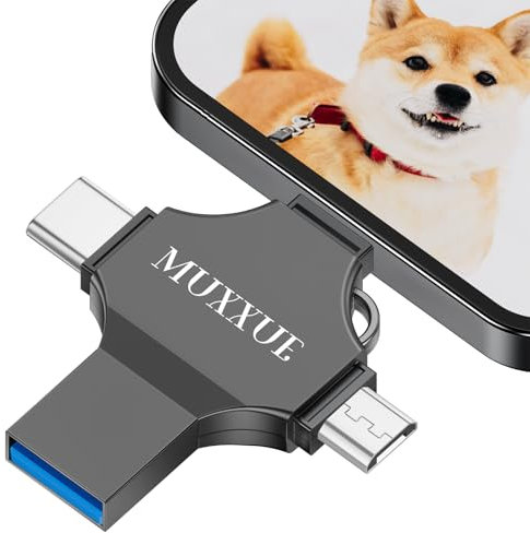 MUXXUE 4 in 1 Chiavetta USB per phone 128GB, Memoria Esterna phone,pad, PC, Tablet e Smartphone Android, Senza Necessità di App,Chiavetta USB per Archiviare Foto e Video (Grigio)