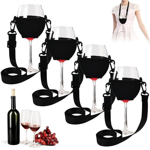 UHETLET 4 Pezzi Portabicchiere da Vino al Collo Porta Bicchieri da Vino Portatile Porta Bicchieri Sospesi Cordini di Bicchiere di Vino Regolabili per Compleanno Matrimonio Picnic Festa, Nero