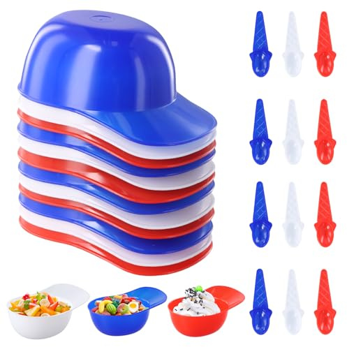 Luxvara Ciotole per Gelato con Casco da Baseball, 12 Pezzi Coppette Gelato con Cucchiaio, Riutilizzabile e Impilabile, Ciotole Dessert Plastica per Famiglia, Campeggio, Feste, 3 Colori