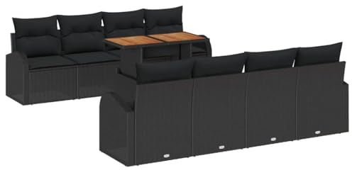 vidaXL 9-teiliges Garten-Sofa-Set mit Kissen in Schwarz aus Poly-Rattan – EIN bequemes, modulares Außensitzmöbel, perfekt für Terrasse, Balkon oder als Coole Möbel für die Lounge und den Hinterhof.