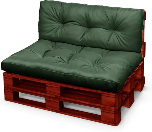 RTSFKFS Palettenauflage 120×80 60×80 120×60 120×50, Palettenauflagen Outdoor Indoor Wasserfest, Palettenkissen, Europaletten Sitzkissen mit Rückenkissen for Gartensofa(Dunkelgrün,120x80+120x40cm)