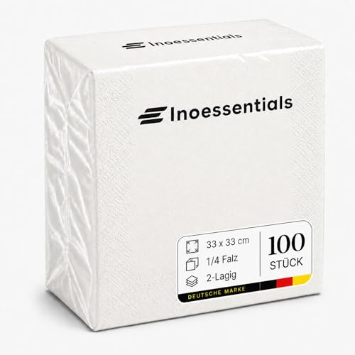 Inoverse Servietten Weiß 33 x 33 cm 100 Stück, Papierservietten Großpackung | 2-lagig 1/4-Falz einfarbig, Einwegservietten, für Hochzeit, Buffet, Party, dekorative Tischservietten für Gastronomie