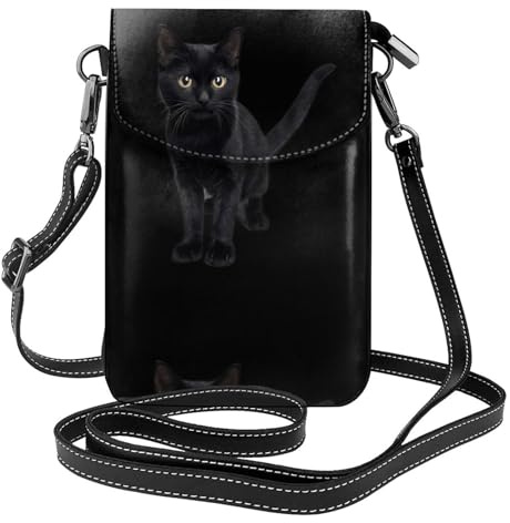 YYHHAOFA Kleine Handy-Geldbörse, 19,3 x 12,4 cm, schwarze Katze, Leder, Crossbody-Klappe, Handytasche für Damen, perfekt für Spaziergänge, Camping
