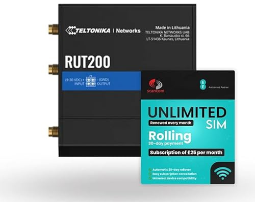 Teltonika RUT200 4G LTE - Router de banda ancha móvil + plan de datos EE Rolling de 30 días del Reino Unido - Internet 4G compacto y fiable
