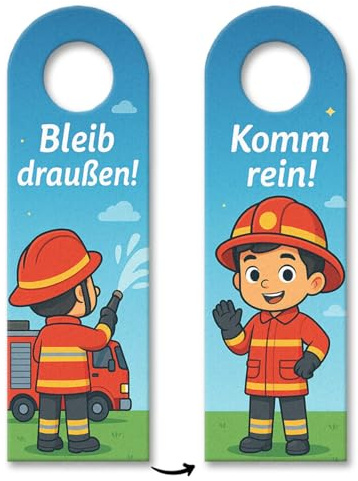 speecheese Türhänger Feuerwehrmann Cartoon Bleib draußen Komm rein | mit Spruch für Kinder Lustige Kindertür-Deko perfekt als Feuerwehrgeschenk
