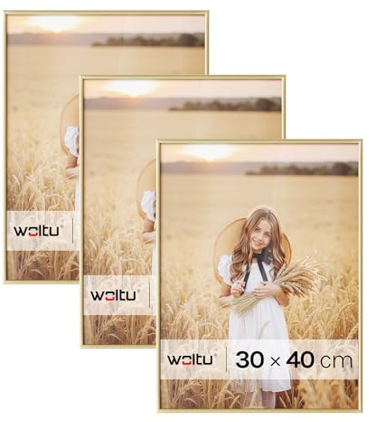 WOLTU Bilderrahmen 30x40 cm, 3 Set, Fotorahmen Gold, Aluminium, mit Passepartout, zum vertikalen oder horizontalen Aufhängen/Aufstellen, für Fotos, Bilder