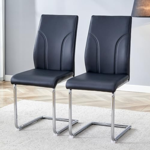 NestLude Esszimmerstühle 2er Set, Schwingstuhl mit PU Kunstleder und hoher Rückenlehne, Moderner Küchenstuhl, Metallgestell, L140*B80*H76cm, 135 kg belastbar (Schwarz)