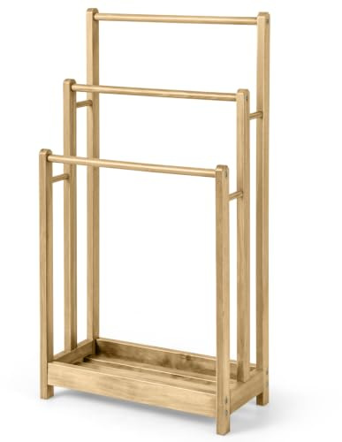 RELAX4LIFE 3-Tier Towel Rack, Freestanding Towel Rail Towel Holder with Bottom Shelf & Anti-Tipping Device, Wooden Towel Drying Bar Stand for Bathroom Hotel Poolside (Natural)