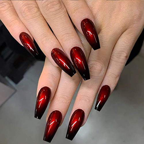 Coffin Glossy False Nail Long Black and Red Ballerina Press on Nails Gradient Acrylic Art Full Cover Fake Nails Stick on Nails for Women and Girls(24Pcs)