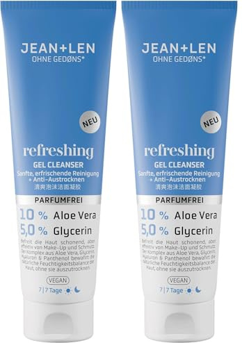 Jean & Len Refreshing Gel Cleanser, ideal für jeden Hauttyp, ölfreie Gel-Textur, schonende Reinigung, bewahrt die Haut vor dem Austrocknen, parfümfreies Reinigungsgel, vegan, 125 ml (Packung mit 2)