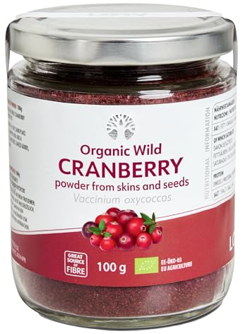 LOOV Polvere biologica di mirtillo rosso americano (polvere di sansa), 100 g, ricca di antiossidanti e fitonutrienti, non zuccherata, prodotta da buccia e semi di bacche cresciute in foreste nordiche