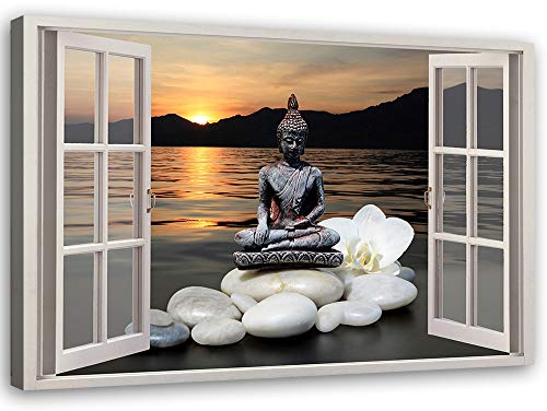 Feeby Impression sur Toile Bouddha Fenêtre Vue 3D 90x60 cm 1 pièce Tableaux Tableau Mural Image Photo Moderne Décoration Murale Artistique Photographie Design Chambre Salon Cuisine Multicolore