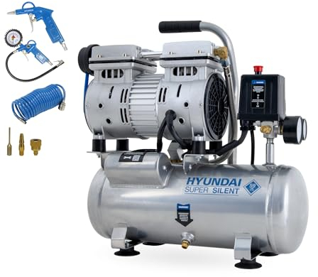 HYUNDAI Silent Kompressor SAC55751SET | 6L Kessel, 8bar, ölfrei | 0.55kW / 0.75PS | Ansaugleistung 93 L/Min | klein, kompakt, tragbar | 59dB Luftkompressor leise, Flüster-Kompressor | mit Zubehör