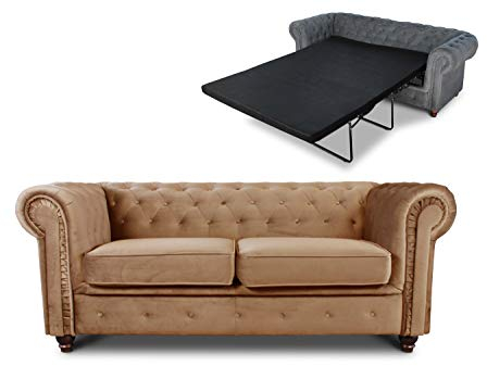Schlafsofa Chesterfield Asti Bis 2-Sitzer, Sofa mit Schlaffunktion, Couch 2-er, Couchgarnitur, Sofagarnitur, Holzfüße, Glamour (Beige (Velvet 28))
