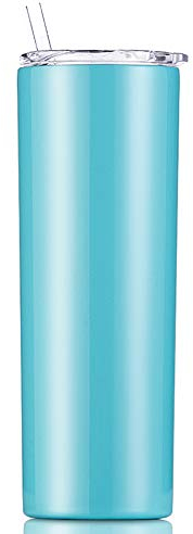 Gteller Vaso delgado de acero inoxidable 18/8 de doble pared con popote y tapa, taza de viaje aislada que mantiene la bebida fría y caliente (azul, 20 onzas)