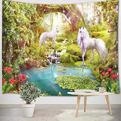LB Einhorn Tapisserie Grüner Wald Wandbehang Tapisserie Rote Blume,See,Märchen-Dschungel Wandteppich für Wohnzimmer Schlafzimmer Wohnheim Wand Dekor,200cm Breite x 150cm Höhe