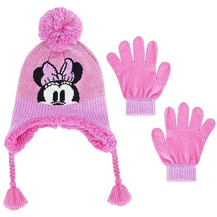 Disney Minnie Mouse Beanie Mütze und Handschuhe Set, Kinder Polka Dot Cuffed Winter Knit Cap, Knallrosa Quasten, Einheitsgröße