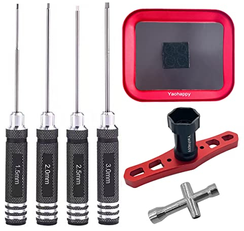 4pcs Hex Screw Driver Set (1.5mm 2.0mm 2.5mm 3.0mm) and 4-Way Cross Wrench, 17mm Wheel Wrench, RC Screw Tray RC Repair Tools Kit for RC Helicopter Car Drone Multi-Axis