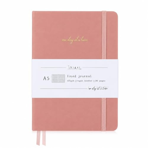 The Ikigai Shop | A5 Lined/Ruled Journal Notebook | 120gsm Premium Thick Paper | Vegan Leather Cover Notebook/Planner | 2 Bookmark Ribbons | Elastic Fastener (Peach)