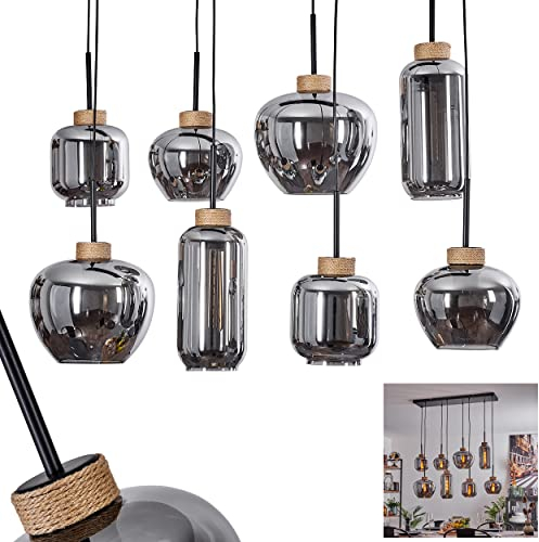 Hängeleuchte Toneau, moderne Hängelampe aus Metall/Glas/Hanfseil in Schwarz/Rauchfarben/Natur, Leuchte im Vintage-Design, Schirme aus Rauchglas, Höhe max. 124 cm, 8-flammig, E27, ohne Leuchtmittel