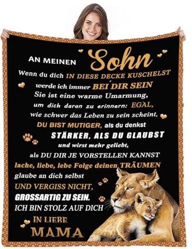 AEPOYU Kuscheldecke für Meine Sohn von Mama, Mama für Sohn Deutsche Nachricht Briefdecke Geschenke, Super Weiche Flanelldecke Flauschige Geschenke für Weihnachten, 150 x 220 cm