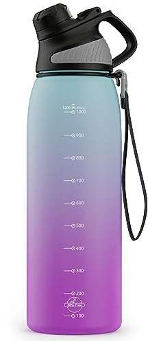 JOYAMI Gourde de sport anti-fuite de 1,2 l avec marqueur de temps - Bouchon magnétique anti-fuite - Sans BPA - Tritan - Pour le vélo, la gym, la randonnée