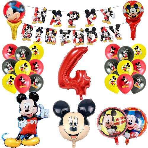 UdacA Geburtstag Deko 4 Jahre Folienballon Set, 24 Stück Cartoon Maus Kindergeburtstag Ballons mit Happy Birthday Banner für Kindergeburtstag Deko 4. Geburtstag