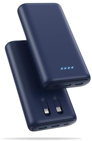 Ekrist Batterie Externe 26800mAh avec 2 Câble Intégré, PD 25W QC 4.0 Charge Rapide Batterie Portable USB C Entrée & Sortie Power Bank avec 5 Sorties 2 Entrées Compatible avec iPhone Samsung iPad-Bleu