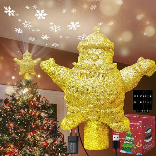 auvstar Weihnachtsbaum Spitze Weihnachtsmann,Rotierendes Baumspitze Weihnachten mit 5 Projektionsmuster,LED Christbaumspitze,Christbaum Spitze mit Gold Glitzer,für Christbaumschmuck,Party (C)