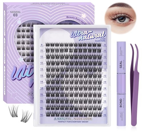 B&Q Wimpern Extensions Set 144PCS Wispy Lash Extension Set für Anfänger 9-16mm natürliche Wimperncluster mit WimpernKleber und WimpernPinzette D Curl(Set,Natürlich 03-9-16MIX)