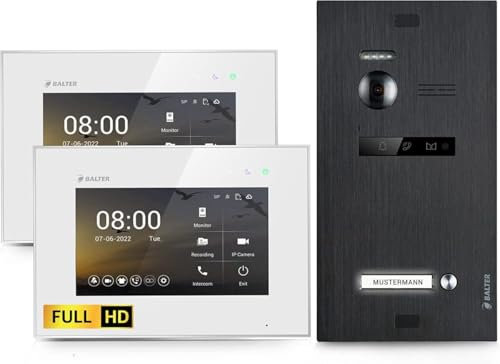 SCHUTZER Balter EVO HD Video Türklingel mit Kamera, 2 Draht Türsprechanlage 1 Familienhaus, 2x7 Zoll Monitor, Full HD, Nachtsicht, Video Gegensprechanlage mit Türöffner, Kamera für Haustür
