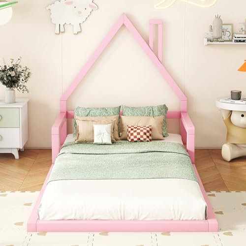 PUGSDRLY Kinderbett, 90 x 200 cm, Bodenbett für Kinder, Einzelbett, flaches Bett, Hausform, Bettgestell aus massivem Kiefernholz für Kinder, ohne Matratze (Rosa)