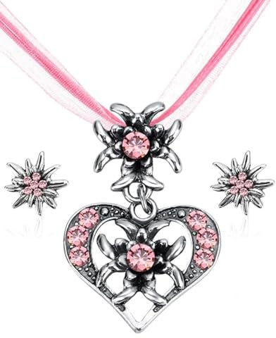 KGDUYC Set de 3 Joyas Bávaras Tradicionales Collar de Traje Tradicional con Colgante de Corazón de Edelweiss de Diamantes de Imitación y Aretes de Edelweiss para Mujeres Festival de Cerveza - rosa