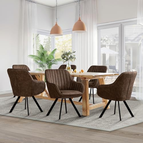 Esszimmerstuhl 6 Stück Küchenstuhl Polsterstuhl Wohnzimmerstuhl Sessel mit Armlehnen, Drehstuhl, Sitzfläche aus Tech-Stoff, Metallbeine, Braun