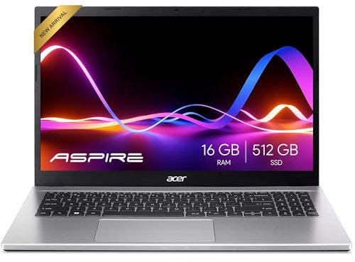 acer Aspire Premium Slim - Computer portatile da 15,6 Full HD IPS 1080p, processore AMD Ryzen 3 7330U Quad-Core da 16 GB di RAM, SSD NVMe da 512 GB, webcam, Wi-Fi 6, PC AI, Windows 11 Pro, senza