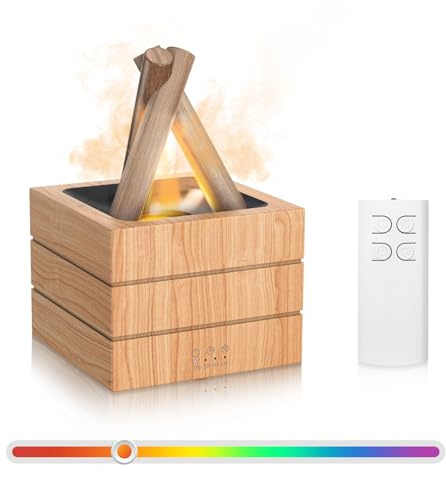 Lagerfeuer-Flammen-Diffusor, Aromatherapie-Diffusor für ätherische Öle, 280 ml Holz-Luftbefeuchter mit kühlem Nebel für Zuhause, Schlafzimmer und Büro, Fernbedienung, automatische Abschaltung, Nachtli