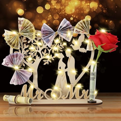 Geldgeschenk Hochzeit Holz, Hochzeitsgeschenke für Brautpaar Geschenk zum Hochzeit Hochzeitstag aus Holz, Baum des Lebens Hochzeitsgeldgeschenk mit LED Geldbaum Hochzei