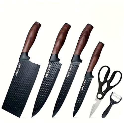 FIVE COWS 6 pz Blocco Coltelli, Coltello da cucina, con sbucciatore e forbici da cucina, Lame Acciaio Inossidabile di Qualità e Manici Ergonomici, set coltelli da cucina professionali