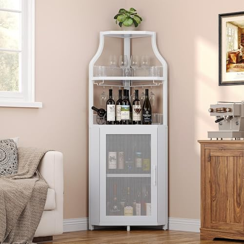 RBFGYIOP 4-Tier Corner Bar Cabinet, Industrial Freestanding Wine Storage Sideboard with Doors and Glass Holders, Adjustable Shelf & Anti-Tipping Devices, for Home Bar, Kitchen, Living Room