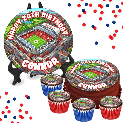 Anfield Liverpool Stadium (ART) PERSONALISED Edible Cake & Cupcake Toppers - Wafer or Icing - Various Sizes - Football Fan Birthday Party Decorations - Perfect for Brownies, Cookies, Muffins & More!