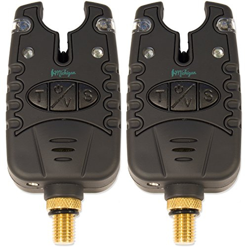 2 x Michigan Carp And Pike Fishing Bite Alarm - Waterproof Night Light with Drop Back Function & Jack Plug