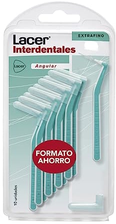 LACER - Cepillo Interdental Angular Extrafino 10 Unidades, Mango Angulado, Máxima Eficacia, Filamentos Tynex, Cerdas Extrafinas, Previene y Elimina la Placa Bacteriana