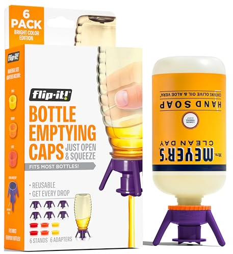 Flip-It! Bottle Emptying Kit – 6 Bottle Pack - No more wasted product - Fits most plastic bottles – 6 Base Caps, 6 Adapters – Bright Color Edition