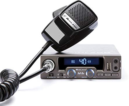 Midland M-10 CB-Funkgerät mit 4-pol. Mikrofon, inkl. Anschlußbuchse für kabelgebundene u. Bluetooth Headsets/Lautsprecher,USB-Ladebuchse, 4 Watt AM/FM