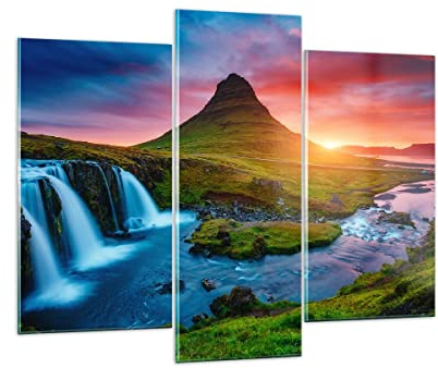 Mehrteilige Bilder auf Glas 130x100cm Glasbild Sonnenuntergang Wasserfall Island Vulkan Groß Wanddeko Schlafzimmer Küche Set 3 teilige Wandbilder Dekoration Wohnzimmer Modern Wand Art GCB130x100-2963