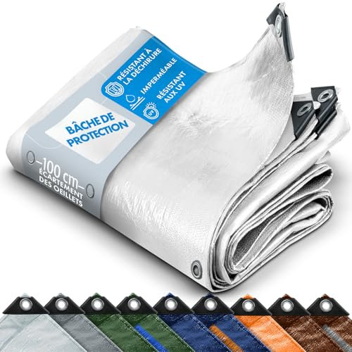 casa pura - Bâche de Protection en polyéthylène - Bâche Ultra étanche - Couverture imperméable pour véhicule travaux remorque - Résistant au UV et avec œillets en Acier - 240 g/m², Blanc 6x8 m