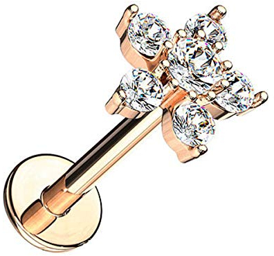 Piersando Piercing Stecker Innengewinde Edelstahl mit Kristall Blume Lippe Labret Lippenpiercing Monroe Ohrpiercing Knorpel Ohr 6mm Rosegold